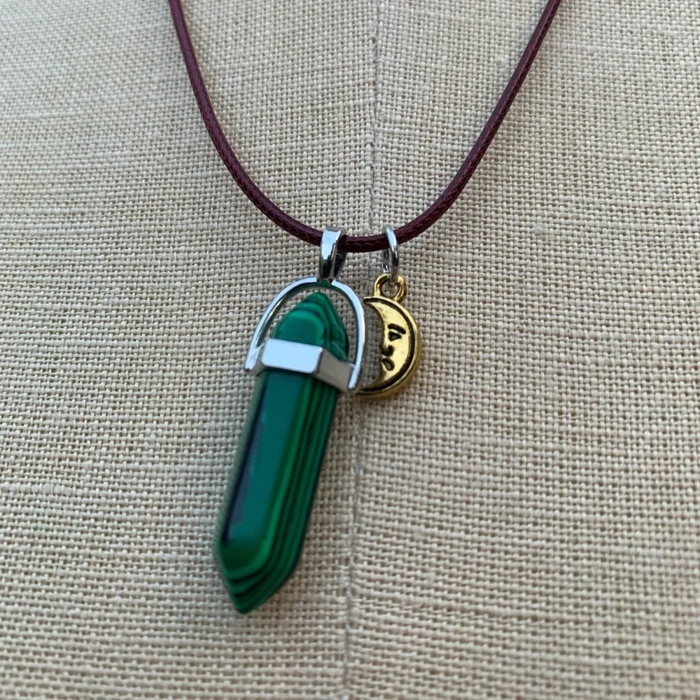 Handmade Malachite Dagger Tower Amulet with Moon Charm_12